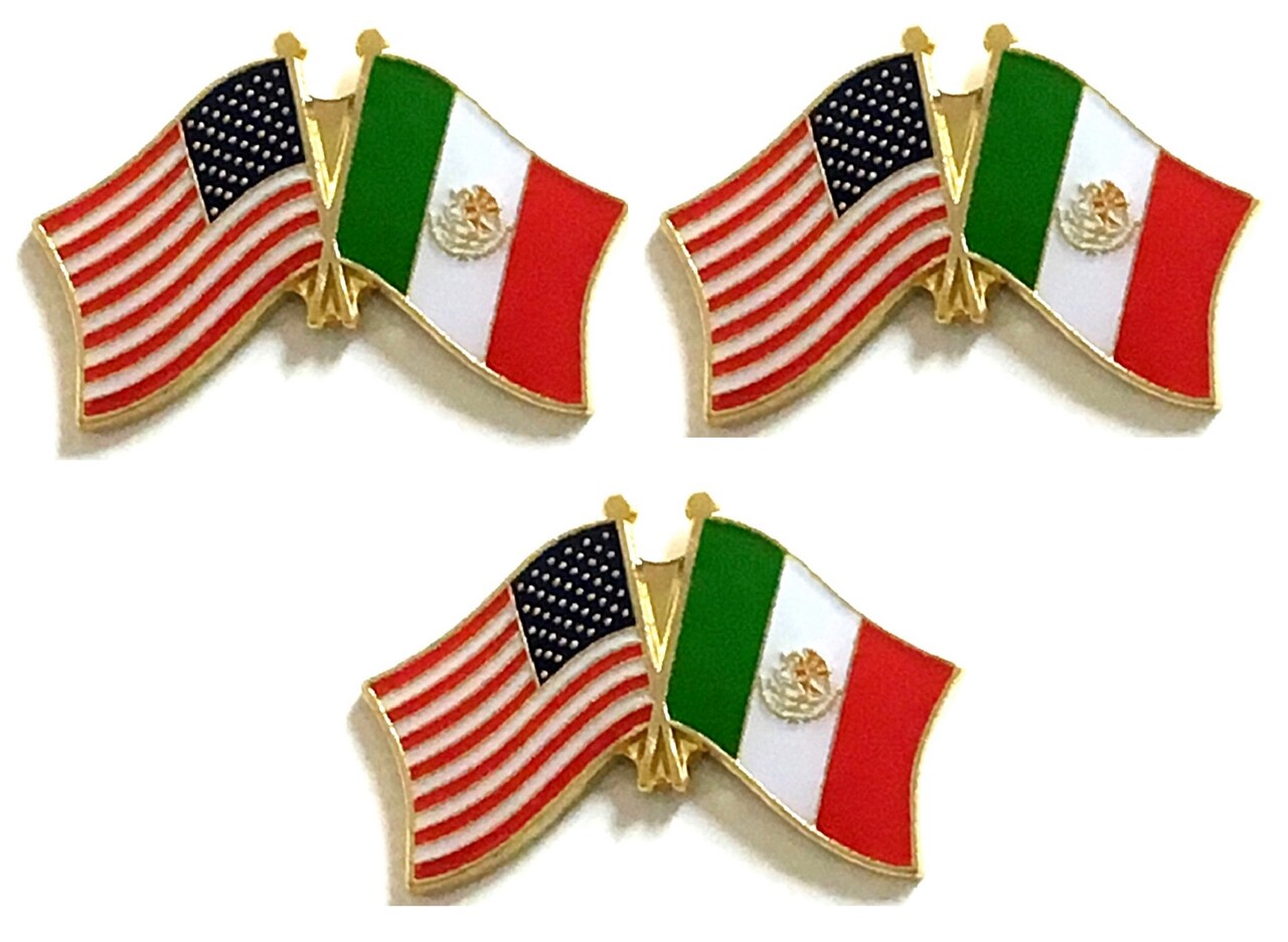 Box of 3 Mexico & US Crossed Flag Lapel Pins, Country & American Double Friendship Tie & Hat Pin Badges